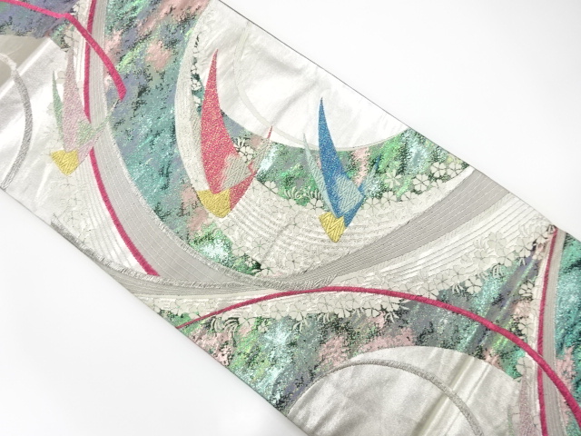 JAPANESE KIMONO / ANTIQUE FUKURO OBI / SILK / WOVEN BIRD & FLOWER